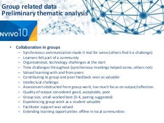 • Collaboration in groups
– Synchronous communication made it real for some (others find it a challenge)
– Learners felt part of a community
– Organisational, technology challenges at the start
– Time challenges throughout (synchronous meetings helped some, others not)
– Valued learning with and from peers
– Contributing to group and peer feedback seen as valuable
– Intellectual challenge
– Assessment obstructed from group work, too much focus on output/reflection
– Quality of output considered good, acceptable, poor
– Group size, small worked best (3-4, pairing suggested)
– Experiencing group work as a student valuable
– Facilitator support was valued
– Extending learning opportunities offline in local communities
Group related data
Preliminary thematic analysis
 
