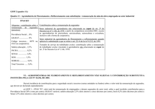 GFIP 2 (quadro 11):
Quadro 11 - Agroindústria de Florestamento e Reflorestamento com substituição - remuneração da mão-de-obra empregada no setor industrial
FPAS 833
Alíquotas - contribuição sobre a
remuneração de segurados
(terceiros):
Previdência Social:....0%
GILRAT:.................. 0%
Código terceiros:... 0079 ou
4163 (se cooperativa)
Salário-educação:.. 2,5%
INCRA:................. 0,2%
SENAI: ................ 1,0%
SESI: .................. 1,5%
SEBRAE:............... 0,6%
Total Terceiros: ..... 5,8%
Contribuições sobre a remuneração de segurados:
Setor industrial da agroindústria não relacionada no caput do art. 2º do
Decreto-Lei nº 1.146, de 1970, a partir da competência novembro/2001, exceto
as agroindústrias de piscicultura, carcinicultura, suinocultura e avicultura,
inclusive sob a forma de cooperativa.
Setor industrial da agroindústria de florestamento e reflorestamento quando
aplicável a substituição a que se refere o art. 22-A da Lei nº 8.212, de 1991.
Tomador de serviço de trabalhador avulso: contribuição sobre a remuneração
de trabalhador avulso vinculado à agroindústria não relacionada no caput do
art. 2º do Decreto-Lei nº 1.146, 1970.
VI - AGROINDÚSTRIAS DE FLORESTAMENTO E REFLORESTAMENTO NÃO SUJEITAS À CONTRIBUIÇÃO SUBSTITUTIVA
INSTITUÍDA PELA LEI Nº 10.256, DE 2001.
Haverá incidência de contribuições para a seguridade social e terceiros (outras entidades ou fundos) sobre o valor total da remuneração de segurados,
que deverá ser declarada separadamente:
a) GFIP 1 - FPAS 787: valor total da remuneração de empregados e demais segurados do setor rural, sobre a qual incidirão contribuições para a
Previdência Social 20% (vinte por cento), GILRAT variável, salário-educação 2,5% (dois inteiros e cinco décimos por cento), Incra 0,2% (dois décimos por cento) e
Senar 2,5% (dois inteiros e cinco décimos por cento);
 