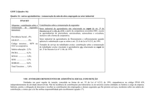 GFIP 2 (Quadro 16):
Quadro 16 - outras agroindústrias - remuneração da mão-de-obra empregada no setor industrial
FPAS 833
Alíquotas - contribuição sobre a
remuneração de segurados
(terceiros):
Previdência Social:...0%
GILRAT:................. 0%
Código terceiros:... 0079 ou
4163 se cooperativa.
Salário-educação:. 2,5%
INCRA:................ 0,2%
SENAI: ................ 1,0%
SESI: ................... 1,5%
SEBRAE:............. 0,6%
Total Terceiros: .... 5,8%
Contribuições sobre a remuneração de segurados:
Setor industrial da agroindústria não relacionada no caput do art. 2º do
Decreto-Lei nº 1.146, de 1970, a partir da competência novembro/2001, exceto
as agroindústrias de piscicultura, carcinicultura, suinocultura e avicultura,
inclusive sob a forma de cooperativa.
Setor industrial da agroindústria de florestamento e reflorestamento quando
aplicável a substituição a que se refere o art. 22-A da Lei nº 8.212, de 1991.
Tomador de serviço de trabalhador avulso: contribuição sobre a remuneração
de trabalhador avulso vinculado à agroindústria não relacionada no caput do
art. 2º do Decreto-Lei nº 1.146, de 1970.
VIII - ENTIDADES BENEFICENTES DE ASSISTÊNCIA SOCIAL COM ISENÇÃO
Entidades em gozo regular de isenção, concedida na forma do art. 55 da Lei nº 8.212, de 1991, enquadram-se no código FPAS 639,
independentemente da atividade desenvolvida. Não há incidência de contribuições previdenciárias ou de terceiros (outras entidades ou fundos) a cargo da empresa.
Subsiste, porém, a obrigação de descontar e recolher as contribuições dos empregados e demais segurados que lhe prestem serviços, incidentes sobre seu salário-de-
contribuição, e outras que a lei lhe atribua responsabilidade pelo recolhimento (quadro 17).
 