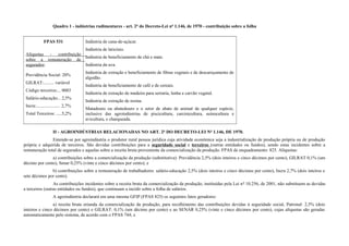 Quadro 1 - indústrias rudimentares - art. 2º do Decreto-Lei nº 1.146, de 1970 - contribuição sobre a folha
FPAS 531
Alíquotas - contribuição
sobre a remuneração de
segurados:
Previdência Social: 20%
GILRAT:......... variável
Código terceiros:... 0003
Salário-educação:.. 2,5%
Incra:..................... 2,7%
Total Terceiros: .....5,2%
Indústria de cana-de-açúcar.
Indústria de laticínio.
Indústria de beneficiamento de chá e mate.
Indústria da uva.
Indústria de extração e beneficiamento de fibras vegetais e de descaroçamento de
algodão.
Indústria de beneficiamento de café e de cereais.
Indústria de extração de madeira para serraria, lenha e carvão vegetal.
Indústria de extração de resina.
Matadouro ou abatedouro e o setor de abate de animal de qualquer espécie,
inclusive das agroindústrias de piscicultura, carcinicultura, suinocultura e
avicultura, e charqueada.
II - AGROINDÚSTRIAS RELACIONADAS NO ART. 2º DO DECRETO-LEI Nº 1.146, DE 1970.
Entende-se por agroindústria o produtor rural pessoa jurídica cuja atividade econômica seja a industrialização de produção própria ou de produção
própria e adquirida de terceiros. São devidas contribuições para a seguridade social e terceiros (outras entidades ou fundos), sendo estas incidentes sobre a
remuneração total de segurados e aquelas sobre a receita bruta proveniente da comercialização da produção. FPAS de enquadramento: 825. Alíquotas:
a) contribuições sobre a comercialização da produção (substitutiva): Previdência 2,5% (dois inteiros e cinco décimos por cento), GILRAT 0,1% (um
décimo por cento), Senar 0,25% (vinte e cinco décimos por cento); e
b) contribuições sobre a remuneração de trabalhadores: salário-educação 2,5% (dois inteiros e cinco décimos por cento), Incra 2,7% (dois inteiros e
sete décimos por cento).
As contribuições incidentes sobre a receita bruta da comercialização da produção, instituídas pela Lei nº 10.256, de 2001, não substituem as devidas
a terceiros (outras entidades ou fundos), que continuam a incidir sobre a folha de salários.
A agroindústria declarará em uma mesma GFIP (FPAS 825) os seguintes fatos geradores:
a) receita bruta oriunda da comercialização da produção, para recolhimento das contribuições devidas à seguridade social, Patronal: 2,5% (dois
inteiros e cinco décimos por cento) e GILRAT: 0,1% (um décimo por cento) e ao SENAR 0,25% (vinte e cinco décimos por cento), cujas alíquotas são geradas
automaticamente pelo sistema, de acordo com o FPAS 744; e
 