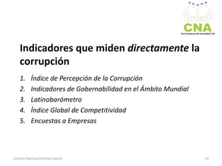 Indicadores que miden directamente la
corrupción
1. Índice de Percepción de la Corrupción
2. Indicadores de Gobernabilidad en el Ámbito Mundial
3. Latinobarómetro
4. Índice Global de Competitividad
5. Encuestas a Empresas
Consejo Nacional Anticorrupción 14
 
