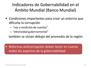  Condiciones importantes para crear un entorno que
dificulta la corrupción
– “voz y rendición de cuentas”
– “efectividad gubernamental”
también se sitúan debajo del promedio de la región
 Reformas anticorrupción deben tener en cuenta
todos los aspectos de la gobernabilidad
Indicadores de Gobernabilidad en el
Ámbito Mundial (Banco Mundial)
Consejo Nacional Anticorrupción 29
 