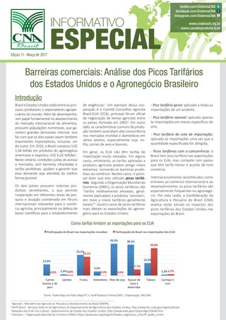 Barreiras comerciais: Análise dos Picos Tarifários
dos Estados Unidos e o Agronegócio Brasileiro
Introdução
BrasileEstadosUnidosestãoentreosprin-
cipais produtores e exportadores agrope-
cuários do mundo. Além de desempenha-
rem papel fundamental no abastecimento
do mercado internacional de alimentos,
possuem populações numerosas, que ga-
rantem grandes demandas internas. Isso
faz com que os dois países sejam também
importantes importadores, inclusive, um
do outro. Em 2016, o Brasil comprou US$
1,44 bilhão em produtos do agronegócio
americano e exportou US$ 6,26 bilhões1
.
Neste cenário, condições justas de acesso
a mercados, sem barreiras infundadas e
tarifas proibitivas, ajudam a garantir que
essa demanda seja atendida da melhor
forma possível.
Os dois países possuem sistemas pro-
dutivos semelhantes, o que permite
cooperação em diferentes áreas de pes-
quisa e atuação coordenada em fóruns
internacionais relevantes para o comér-
cio agrícola, principalmente na defesa de
bases científicas para o estabelecimento
1
Agrostat - Ministério da Agricultura, Pecuária e Abastecimento do Brasil (MAPA).
2
Perfil Brasil - Serviços Externo de Agricultura do Departamento de Agricultura dos Estados Unidos, http://www.fas.usda.gov/regions/brazil.
3
Relações dos EUA com o Brasil - Departamento de Estado dos Estados Unidos, http://www.state.gov/r/pa/ei/bgn/35640.htm.
4
Glossário – Organização Mundial do Comércio (OMC) https://www.wto.org/english/thewto_e/glossary_e/tariff_peaks_e.htm.
Edição 11 - Março de 2017
de exigências2
. Um exemplo dessa coo-
peração é o Comitê Consultivo Agrícola
Brasil-EUA (CCA), principal fórum oficial
de negociação de temas agrícolas entre
os países, formado em 20033
. Por outro
lado, as características comuns de produ-
ção também acarretam alta concorrência
nos mercados mundial e domésticos em
vários setores, especialmente soja, mi-
lho, carnes de aves e bovinos.
Em geral, os EUA não têm tarifas de
importação muito elevadas. Em alguns
casos, entretanto, as tarifas aplicadas a
produtos agrícolas podem atingir níveis
extremos, tornando-se barreiras proibi-
tivas ao comércio. Nestes casos, é possí-
vel dizer que eles utilizam picos tarifá-
rios. Segundo a Organização Mundial do
Comércio (OMC), os picos tarifários são
“tarifas relativamente elevadas, geral-
mente [aplicadas] a produtos ‘sensíveis’,
em meio a níveis tarifários geralmente
baixos“4
. Quatro casos de picos tarifários
mais afetam as exportações do agrone-
gócio para os Estados Unidos:
- Pico tarifário geral: aplicado a todas as
importações de um produto;
- Pico tarifário sazonal: aplicado apenas
às importações em meses específicos do
ano;
- Pico tarifário de cota de importação:
aplicado às importações uma vez que a
quantidade especificada for atingida;
- Picos tarifários com a concorrência: o
Brasil tem pico tarifário nas exportações
para os EUA, mas compete com países
que têm tarifa menor e acordo de livre
comércio.
Internacionalmente reconhecidos como
entraves ao comércio internacional e ao
desenvolvimento, os picos tarifários são
especialmente frequentes no agronegó-
cio. Por esta razão, a Confederação da
Agricultura e Pecuária do Brasil (CNA)
analisa neste estudo os impactos dos
picos tarifários dos Estados Unidos nas
exportações do Brasil.
Como tarifas limitam as exportações para os EUA
Fonte: Trade Map and Mac Map/ITC e Tariff Analysis Online/OMC | Elaboração: SRI/CNA
twitter.com/SistemaCNA
facebook.com/SistemaCNA
instagram.com/SistemaCNA
www.cnabrasil.org.br
www.canaldoprodutor.tv.br
 