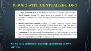 ISSUES WITH CENTRALIZED DNS
So, we have distributed hierarchical database of DNS
servers.
 