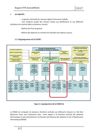 Rapport PFE Amira&Malek 2017
13
➢ Les objectifs :
- La gestion rationnelle du nouveau régime d’assurance maladie.
- Une meilleure qualité des services rendus aux bénéficiaires et aux différents
utilisateurs du système (délai, procédures, accueil).
- Maîtrise des frais de gestion.
- Maîtrise des dépenses et maintien de l’équilibre des régimes sociaux.
1.3. Organigramme de la CNAM :
Figure 1: organigramme de la CNAM (1)
La CNAM est composée de plusieurs directions centrales qui effectuent chacune un rôle bien
déterminé. Nous nous intéressons dans notre rapport à la Direction Centrale des Systèmes
Informatiques et plus précisément à la Direction des Réseaux des Systèmes et de la Maintenance
Informatique (DRSMI).
 