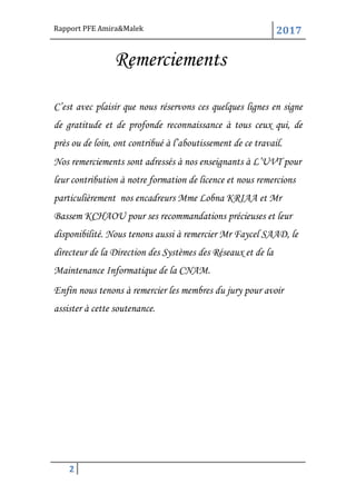 Rapport PFE Amira&Malek 2017
2
Remerciements
C’est avec plaisir que nous réservons ces quelques lignes en signe
de gratitude et de profonde reconnaissance à tous ceux qui, de
près ou de loin, ont contribué à l’aboutissement de ce travail.
Nos remerciements sont adressés à nos enseignants à L’UVT pour
leur contribution à notre formation de licence et nous remercions
particulièrement nos encadreurs Mme Lobna KRIAA et Mr
Bassem KCHAOU pour ses recommandations précieuses et leur
disponibilité. Nous tenons aussi à remercier Mr Faycel SAAD, le
directeur de la Direction des Systèmes des Réseaux et de la
Maintenance Informatique de la CNAM.
Enfin nous tenons à remercier les membres du jury pour avoir
assister à cette soutenance.
 
