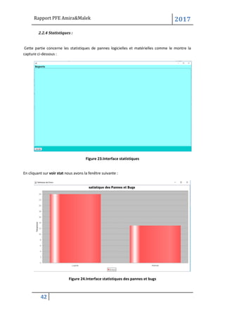 Rapport PFE Amira&Malek 2017
42
2.2.4 Statistiques :
Cette partie concerne les statistiques de pannes logicielles et matérielles comme le montre la
capture ci-dessous :
Figure 23.Interface statistiques
En cliquant sur voir stat nous avons la fenêtre suivante :
Figure 24.Interface statistiques des pannes et bugs
 