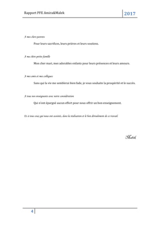 Rapport PFE Amira&Malek 2017
4
A mes chers parents
Pour leurs sacrifices, leurs prières et leurs soutiens.
A ma chère petite famille
Mon cher mari, mes adorables enfants pour leurs présences et leurs amours.
A mes amis et mes collègues
Sans qui la vie me semblerai bien fade, je vous souhaite la prospérité et le succès.
A tous nos enseignants avec notre considération
Qui n’ont épargné aucun effort pour nous offrir un bon enseignement.
Et à tous ceux qui nous ont assistés, dans la réalisation et le bon déroulement de ce travail.
Malek
 