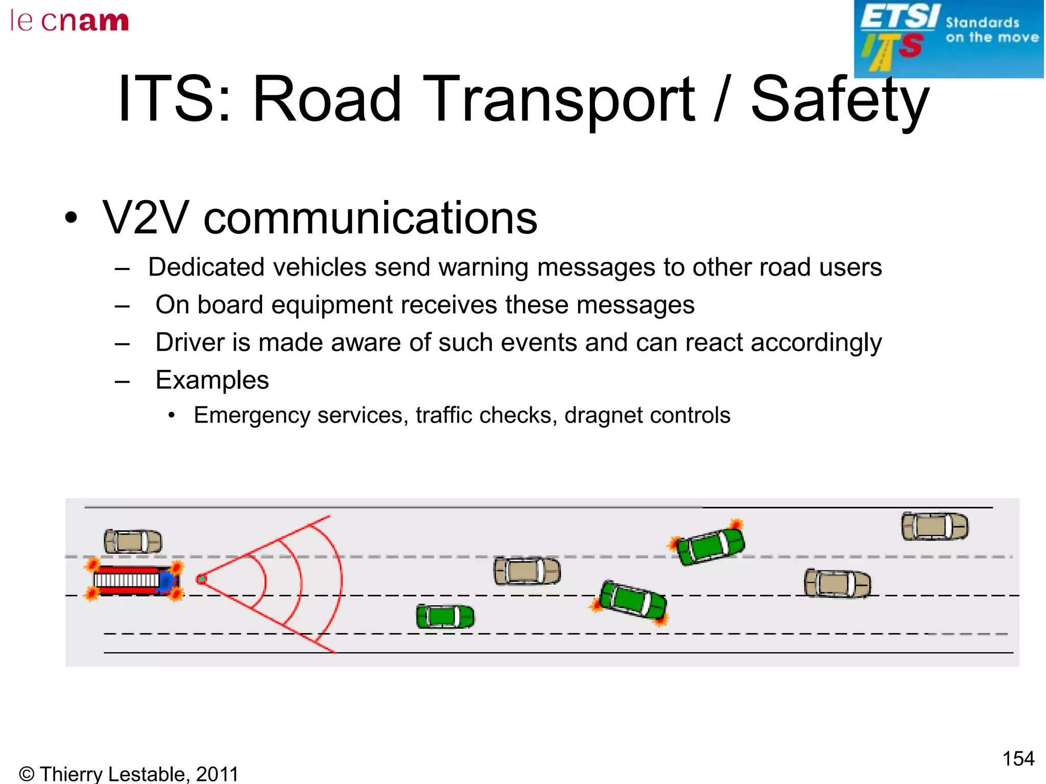 © Thierry Lestable, 2011
154
ITS: Road Transport / Safety
• V2V communications
– Dedicated vehicles send warning messages to other road users
– On board equipment receives these messages
– Driver is made aware of such events and can react accordingly
– Examples
• Emergency services, traffic checks, dragnet controls
 