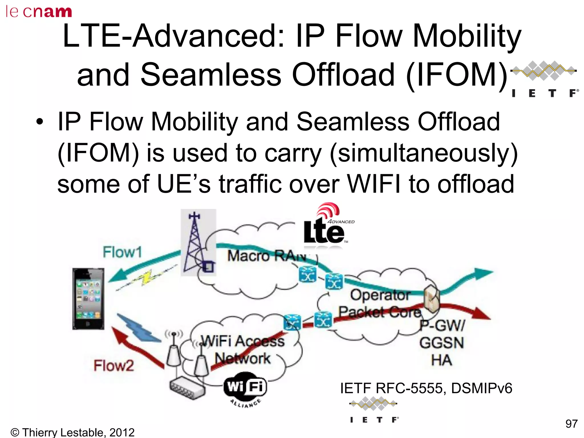 © Thierry Lestable, 2012
97
LTE-Advanced: IP Flow Mobility
and Seamless Offload (IFOM)
• IP Flow Mobility and Seamless Offload
(IFOM) is used to carry (simultaneously)
some of UE’s traffic over WIFI to offload
Femto Access!
IETF RFC-5555, DSMIPv6
 