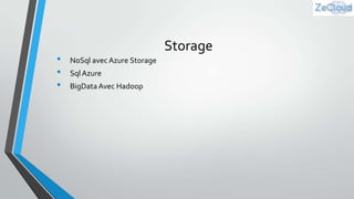 •
•
•

Storage
NoSql avec Azure Storage
Sql Azure
BigData Avec Hadoop

 