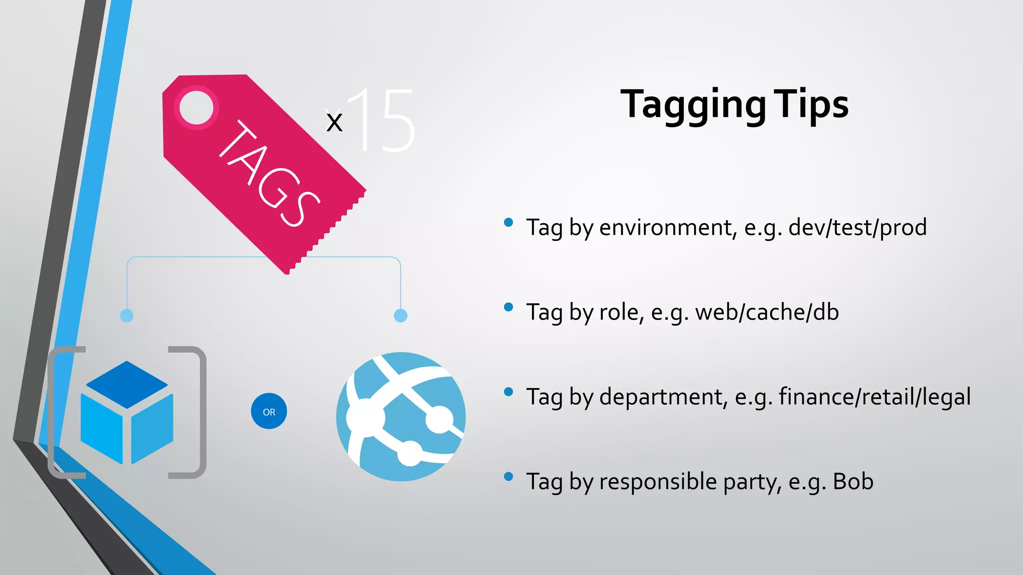 TaggingTips
• Tag by environment, e.g. dev/test/prod
• Tag by role, e.g. web/cache/db
• Tag by department, e.g. finance/retail/legal
• Tag by responsible party, e.g. Bob
 