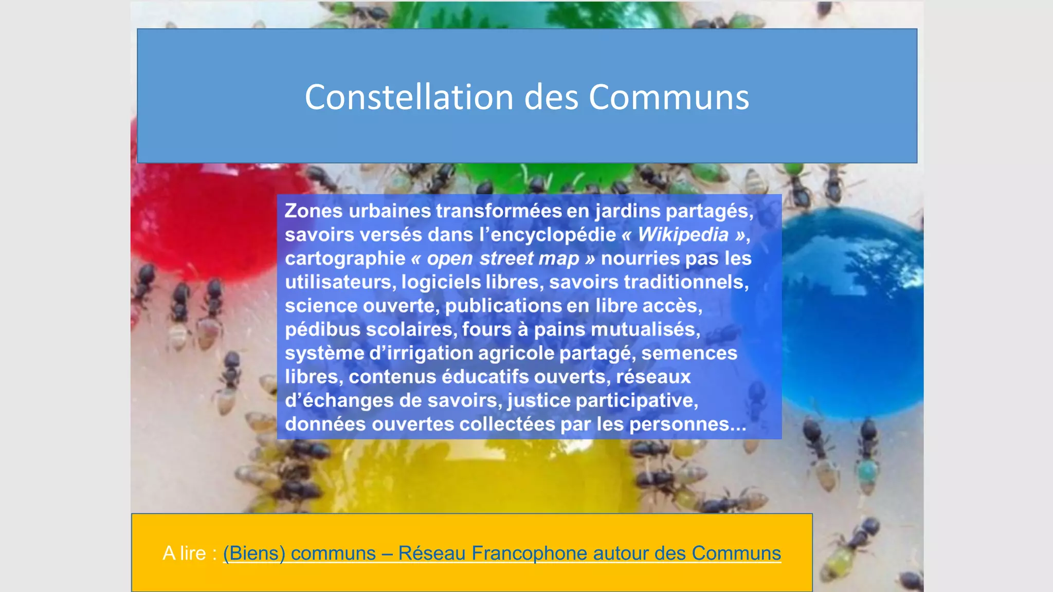 Biens communs / Communs =
Beaucoup de choses…
A lire : (Biens) communs – Réseau Francophone autour des Communs
Constellation des Communs
 