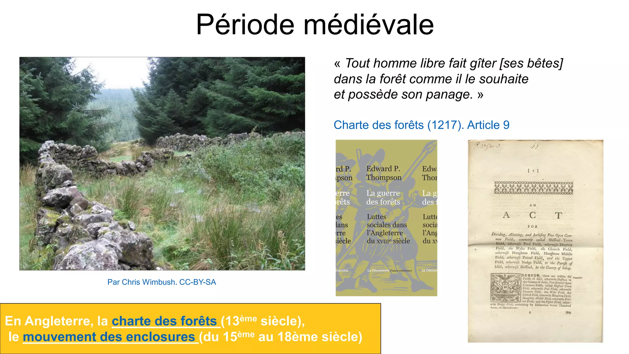 Période médiévale
Par Chris Wimbush. CC-BY-SA
En Angleterre, la charte des forêts (13ème siècle),
le mouvement des enclosures (du 15ème au 18ème siècle)
« Tout homme libre fait gîter [ses bêtes]
dans la forêt comme il le souhaite
et possède son panage. »
Charte des forêts (1217). Article 9
 