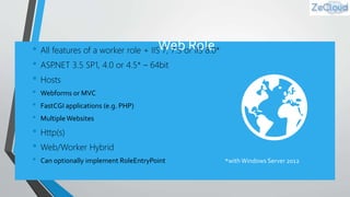 Web Role• All features of a worker role + IIS 7, 7.5 or IIS 8.0*
• ASP.NET 3.5 SP1, 4.0 or 4.5* – 64bit
• Hosts
• Webforms or MVC
• FastCGI applications (e.g. PHP)
• Multiple Websites
• Http(s)
• Web/Worker Hybrid
• Can optionally implement RoleEntryPoint
 