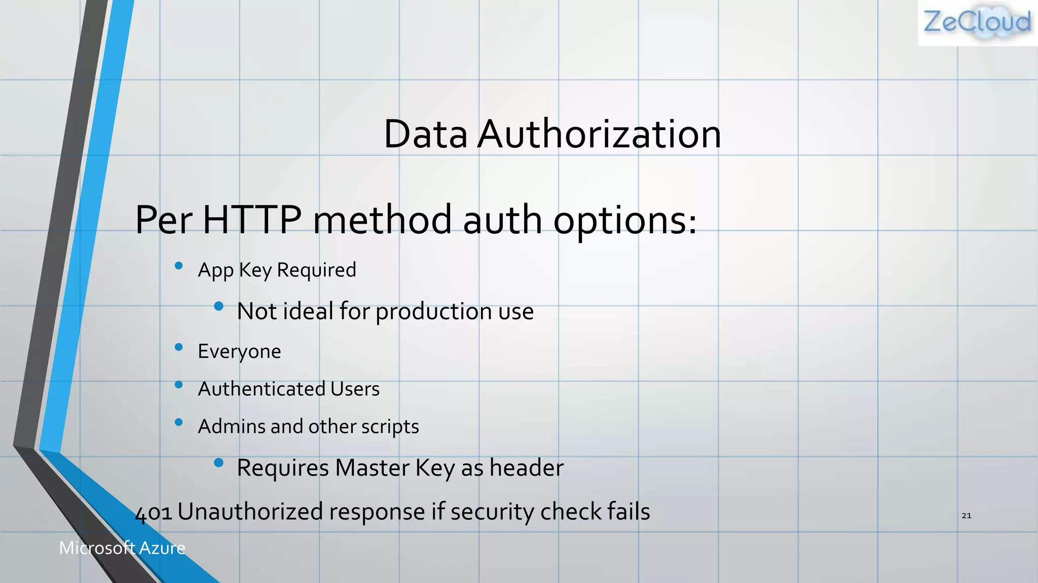 Data Authorization
Per HTTP method auth options:
• App Key Required
• Not ideal for production use
• Everyone
• Authenticated Users
• Admins and other scripts
• Requires Master Key as header
401 Unauthorized response if security check fails 21
MicrosoftAzure
 