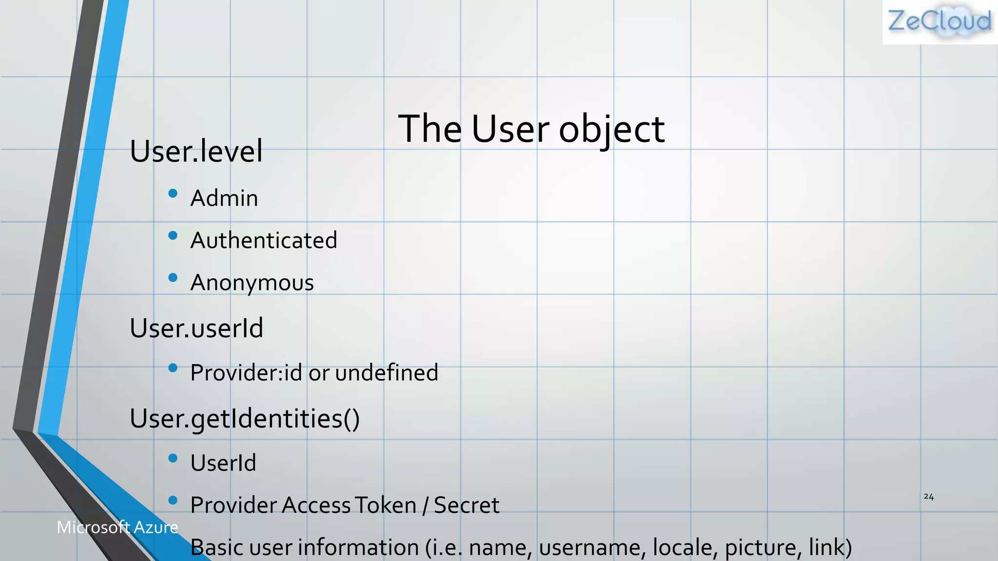 The User objectUser.level
• Admin
• Authenticated
• Anonymous
User.userId
• Provider:id or undefined
User.getIdentities()
• UserId
• Provider AccessToken / Secret
• Basic user information (i.e. name, username, locale, picture, link)
24
MicrosoftAzure
 