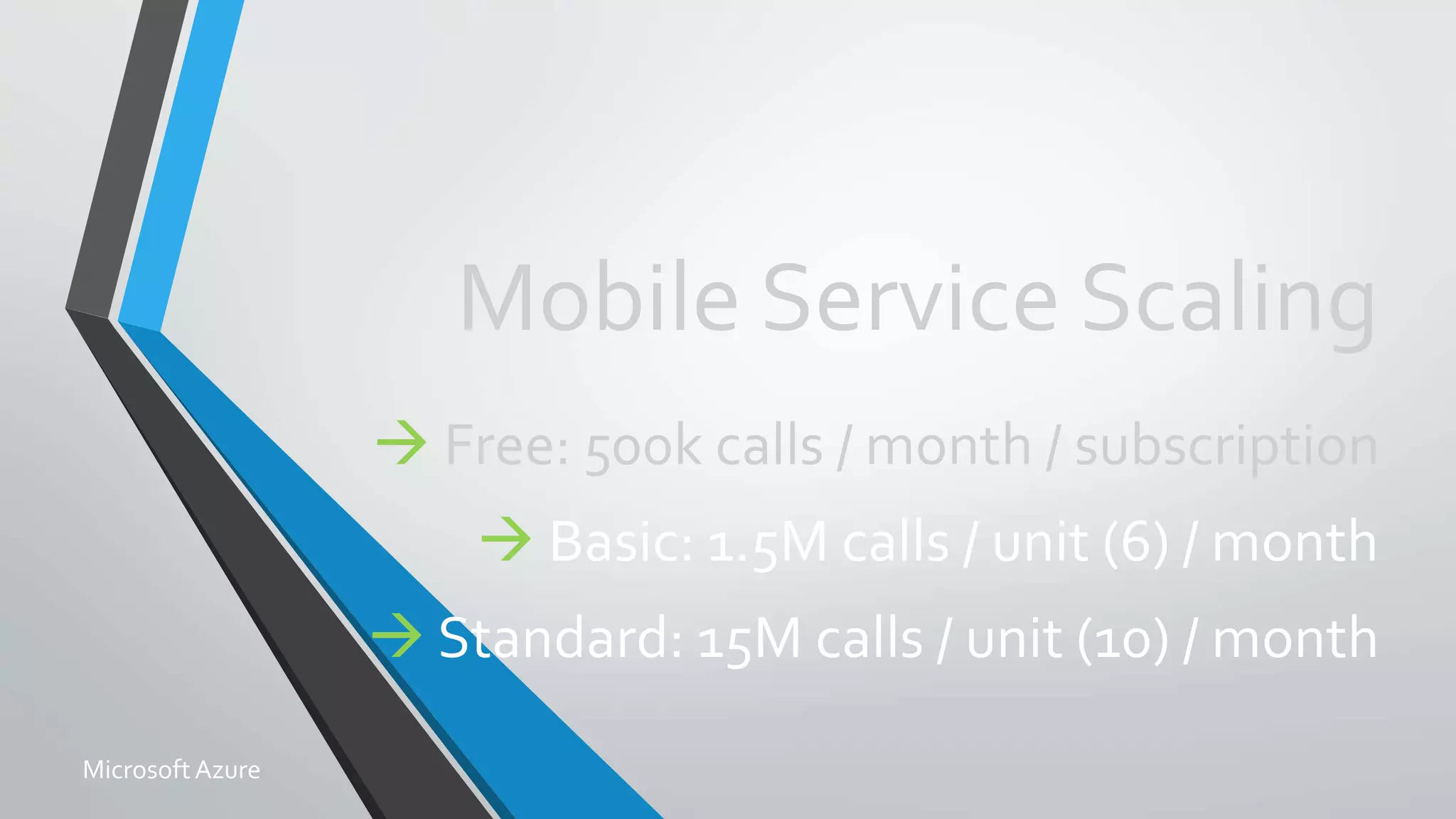 Mobile Service Scaling
 Free: 500k calls / month / subscription
 Basic: 1.5M calls / unit (6) / month
 Standard: 15M calls / unit (10) / month
MicrosoftAzure
 