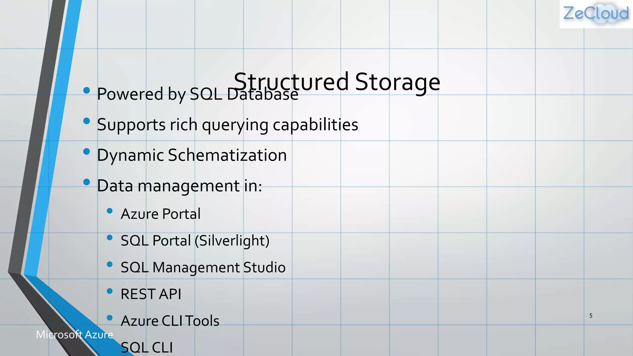 Structured Storage• Powered by SQL Database
• Supports rich querying capabilities
• Dynamic Schematization
• Data management in:
• Azure Portal
• SQL Portal (Silverlight)
• SQL Management Studio
• REST API
• Azure CLITools
• SQL CLI
5
MicrosoftAzure
 