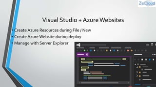 Visual Studio + AzureWebsites
• Create Azure Resources during File / New
• Create AzureWebsite during deploy
• Manage with Server Explorer
 