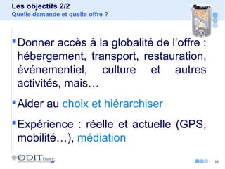 13
Les objectifs 2/2
Quelle demande et quelle offre ?
Donner accès à la globalité de l’offre :
hébergement, transport, restauration,
événementiel, culture et autres
activités, mais…
Aider au choix et hiérarchiser
Expérience : réelle et actuelle (GPS,
mobilité…), médiation
 