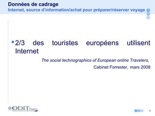 6
Données de cadrage
Internet, source d’information/achat pour préparer/réserver voyage
2/3 des touristes européens utilisent
Internet
The social technographics of European online Travelers,
Cabinet Forrester, mars 2008
 