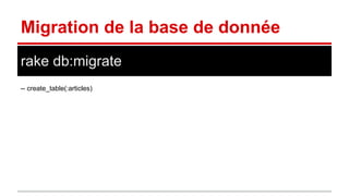 Migration de la base de donnée 
rake db:migrate 
-- create_table(:articles) 
 