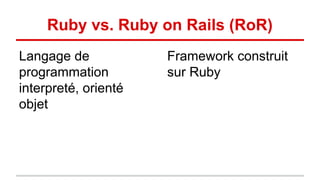 Ruby vs. Ruby on Rails (RoR) 
Langage de 
programmation 
interpreté, orienté 
objet 
Framework construit 
sur Ruby 
 