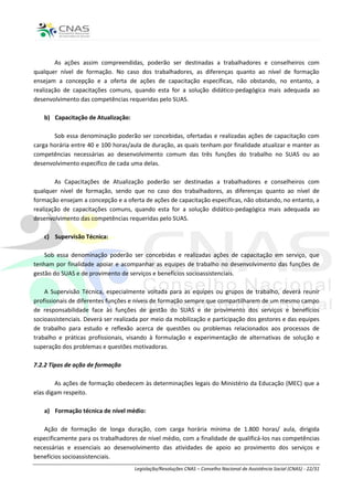 As ações assim compreendidas, poderão ser destinadas a trabalhadores e conselheiros com
qualquer nível de formação. No caso dos trabalhadores, as diferenças quanto ao nível de formação
ensejam a concepção e a oferta de ações de capacitação específicas, não obstando, no entanto, a
realização de capacitações comuns, quando esta for a solução didático-pedagógica mais adequada ao
desenvolvimento das competências requeridas pelo SUAS.

   b) Capacitação de Atualização:

       Sob essa denominação poderão ser concebidas, ofertadas e realizadas ações de capacitação com
carga horária entre 40 e 100 horas/aula de duração, as quais tenham por finalidade atualizar e manter as
competências necessárias ao desenvolvimento comum das três funções do trabalho no SUAS ou ao
desenvolvimento específico de cada uma delas.

        As Capacitações de Atualização poderão ser destinadas a trabalhadores e conselheiros com
qualquer nível de formação, sendo que no caso dos trabalhadores, as diferenças quanto ao nível de
formação ensejam a concepção e a oferta de ações de capacitação específicas, não obstando, no entanto, a
realização de capacitações comuns, quando esta for a solução didático-pedagógica mais adequada ao
desenvolvimento das competências requeridas pelo SUAS.

   c) Supervisão Técnica:

    Sob essa denominação poderão ser concebidas e realizadas ações de capacitação em serviço, que
tenham por finalidade apoiar e acompanhar as equipes de trabalho no desenvolvimento das funções de
gestão do SUAS e de provimento de serviços e benefícios socioassistenciais.

    A Supervisão Técnica, especialmente voltada para as equipes ou grupos de trabalho, deverá reunir
profissionais de diferentes funções e níveis de formação sempre que compartilharem de um mesmo campo
de responsabilidade face às funções de gestão do SUAS e de provimento dos serviços e benefícios
socioassistenciais. Deverá ser realizada por meio da mobilização e participação dos gestores e das equipes
de trabalho para estudo e reflexão acerca de questões ou problemas relacionados aos processos de
trabalho e práticas profissionais, visando à formulação e experimentação de alternativas de solução e
superação dos problemas e questões motivadoras.

7.2.2 Tipos de ação de formação

        As ações de formação obedecem às determinações legais do Ministério da Educação (MEC) que a
elas digam respeito.

   a) Formação técnica de nível médio:

   Ação de formação de longa duração, com carga horária mínima de 1.800 horas/ aula, dirigida
especificamente para os trabalhadores de nível médio, com a finalidade de qualificá-los nas competências
necessárias e essenciais ao desenvolvimento das atividades de apoio ao provimento dos serviços e
benefícios socioassistenciais.
                                     Legislação/Resoluções CNAS – Conselho Nacional de Assistência Social (CNAS) - 22/31
 