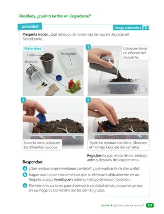 Residuos, ¿cuánto tardan en degradarse?
Pregunta inicial: ¿Qué residuos demoran más tiempo en degradarse?
Descúbranlo.
Registren la apariencia de los residuos
antes y después del experimento.
a ¿Qué residuos experimentaron cambios?, ¿qué explicación le dan a ello?
b Hagan una lista de cinco residuos que se eliminan habitualmente en sus
hogares. Luego, investiguen sobre su tiempo de descomposición.
c Planteen tres acciones para disminuir la cantidad de basura que se genera
en sus hogares. Comenten con los demás grupos.
Respondan:
Materiales
Actividad
Recipiente
Tierra
Residuos
Coloquen tierra
en el fondo del
recipiente.
Sobre la tierra, coloquen
los diferentes residuos.
Tapen los residuos con tierra. Observen
el montaje luego de dos semanas.
1
3
2
Trabajo colaborativo
Lección 4 • ¿Cómo cuidar los recursos? 125
 