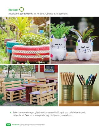 Reutilizar
Reutilizar es dar otro uso a los residuos. Observa estos ejemplos:
1. Selecciona una imagen. ¿Qué residuo se reutilizó?, ¿qué otra utilidad se le pudo
haber dado? Crea un nuevo producto y dibújalo en tu cuaderno.
Unidad 3 • ¿Por qué las plantas son importantes?
128
 