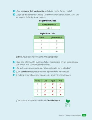 1 ¿Qué pregunta de investigación se habrán hecho Carlos y Lidia?
2 Luego de dos semanas, Carlos y Lidia observaron los resultados. Cada uno
los registró de la siguiente manera:
Registro de Carlos
Plantas marchitas
1, 2 y 3
Registro de Lidia
Planta ¿Se marchitó?
1 Sí
2 Sí
3 Sí
4 No
Evalúa. ¿Qué registro consideras más apropiado?
3 ¿Qué otra información pudieron haber incorporado en sus registros para
que fueran más completos? Menciónala.
4 ¿De qué otra manera pudieron haber registrado sus resultados?
5 ¿Qué conclusión se puede obtener a partir de los resultados?
6 Si hubiesen sometido estas plantas a las siguientes condiciones:
Planta Luz Agua Aire
1 ✔ ✘ ✔
2 ✘ ✔ ✘
3 ✔ ✘ ✔
4 ✔ ✔ ✘
¿Qué plantas se habrían marchitado? Fundamenta.
Páginas
60 y 61
Resumen / Repaso mis aprendizajes 133
 