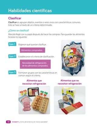 Clasificar
Clasificar es agrupar objetos, eventos o seres vivos con características comunes.
Esto se hace a través de un criterio determinado.
¿Cómo se clasifica?
Marcela llegó con su papá después de hacer las compras. Para guardar los alimentos
hicieron lo siguiente:
Paso 1 Eligieron qué querían clasificar.
Alimentos comprados.
Paso 2 Establecieron el criterio de clasificación.
Necesidad de refrigeración
de los alimentos comprados.
Paso 3 Formaron grupos con las características en
común según el criterio.
Alimentos que
necesitan refrigeración
Alimentos que no
necesitan refrigeración
Habilidades científicas
Unidad 4 • ¿Cómo alimentarnos de manera saludable?
138
 