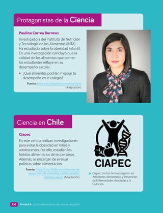 Ciencia en Chile
Protagonistas de la Ciencia
Paulina Correa Burrows
Investigadora del Instituto de Nutrición
y Tecnología de los Alimentos (INTA).
Ha estudiado sobre la obesidad infantil.
En una investigación concluyó que la
calidad de los alimentos que comen
los estudiantes influye en su
desempeño escolar.
• ¿Qué alimentos podrían mejorar tu
desempeño en el colegio?
Fuente: www.inta.cl/paulina-correa-burrows/
(Adaptación).
Ciapec
En este centro realizan investigaciones
para evitar la obesidad en niños y
adolescentes. Por ello, estudian los
hábitos alimentarios de las personas.
Además, se encargan de evaluar
políticas sobre alimentación.
Fuente: https://inta.cl/laboratorio/centro-de-
prevencion-de-obesidad-y-enfermedades-
cronicas-cepoc/ (Adaptación).
▲ Ciapec. Centro de Investigación en
Ambientes Alimentarios y Prevención
de Enfermedades Asociadas a la
Nutrición.
CIAPEC
150 Unidad 4 • ¿Cómo alimentarnos de manera saludable?
 
