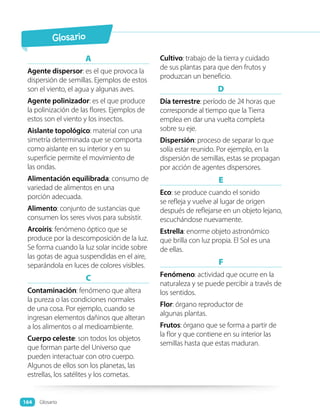 A
Agente dispersor: es el que provoca la
dispersión de semillas. Ejemplos de estos
son el viento, el agua y algunas aves.
Agente polinizador: es el que produce
la polinización de las flores. Ejemplos de
estos son el viento y los insectos.
Aislante topológico: material con una
simetría determinada que se comporta
como aislante en su interior y en su
superficie permite el movimiento de
las ondas.
Alimentación equilibrada: consumo de
variedad de alimentos en una
porción adecuada.
Alimento: conjunto de sustancias que
consumen los seres vivos para subsistir.
Arcoíris: fenómeno óptico que se
produce por la descomposición de la luz.
Se forma cuando la luz solar incide sobre
las gotas de agua suspendidas en el aire,
separándola en luces de colores visibles.
C
Contaminación: fenómeno que altera
la pureza o las condiciones normales
de una cosa. Por ejemplo, cuando se
ingresan elementos dañinos que alteran
a los alimentos o al medioambiente.
Cuerpo celeste: son todos los objetos
que forman parte del Universo que
pueden interactuar con otro cuerpo.
Algunos de ellos son los planetas, las
estrellas, los satélites y los cometas.
Cultivo: trabajo de la tierra y cuidado
de sus plantas para que den frutos y
produzcan un beneficio.
D
Día terrestre: período de 24 horas que
corresponde al tiempo que la Tierra
emplea en dar una vuelta completa
sobre su eje.
Dispersión: proceso de separar lo que
solía estar reunido. Por ejemplo, en la
dispersión de semillas, estas se propagan
por acción de agentes dispersores.
E
Eco: se produce cuando el sonido
se refleja y vuelve al lugar de origen
después de reflejarse en un objeto lejano,
escuchándose nuevamente.
Estrella: enorme objeto astronómico
que brilla con luz propia. El Sol es una
de ellas.
F
Fenómeno: actividad que ocurre en la
naturaleza y se puede percibir a través de
los sentidos.
Flor: órgano reproductor de
algunas plantas.
Frutos: órgano que se forma a partir de
la flor y que contiene en su interior las
semillas hasta que estas maduran.
Glosario
Glosario
164
 