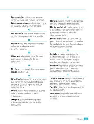 Fuente de luz: objeto o cuerpo que
emite luz. Puede ser natural o artificial.
Fuente de sonido: objeto o cuerpo que
es capaz de vibrar y emitir sonidos.
G
Germinación: comienzo del desarrollo
de una planta a partir de una semilla.
H
Higiene: conjunto de procedimientos
utilizado para la prevención
de enfermedades.
M
Minerales: elementos naturales que
promueven el desarrollo de los
seres vivos.
N
Noche: momento del día en que no se
recibe la luz del Sol.
O
Obesidad: enfermedad que se produce
por comer en exceso alimentos ricos
en grasas y azúcar y por no realizar
actividad física.
Órbita: recorrido que realiza un cuerpo
celeste alrededor de un cuerpo
más grande.
Oxígeno: gas fundamental para la
sobrevivencia de la mayoría de los
seres vivos.
P
Planeta: cuerpo celeste sin luz propia
que gira alrededor de una estrella.
Planta medicinal: planta cuyas partes
o extractos sirven como medicamento
para el tratamiento o alivio de
alguna enfermedad.
Polinización: viaje de los granos de
polen desde los estambres de una flor
hasta el pistilo de otra. Es realizada por
los agentes polinizadores.
R
Reciclar: es someter residuos de
ciertos materiales a un proceso de
transformación. Esto permite que
puedan ser utilizados nuevamente.
Recursos: elementos proporcionados
por la naturaleza que pueden ser
aprovechados por el ser humano.
S
Satélite natural: cuerpo celeste opaco
que se mueve en torno a un planeta.
Este brilla por la luz que refleja.
Semilla: parte de la planta que permite
su reproducción.
Sobrepeso: se produce cuando una
persona se encuentra con exceso
de peso.
Glosario 165
 