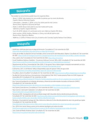 Para ampliar tus conocimientos puedes buscar los siguientes libros:
• Bone, E. (2018). Todo empieza con una semilla: Las plantas que nos sirven de alimento.
España: Usborne Ediciones España.
• Loterszatain, L. Baredes, C. (2014). La luz y los colores para los más curiosos.
Buenos Aires, Argentina: Ediciones Iamiqué.
• Raidt, G. (2019). Basura: todo sobre la cosa más molesta del mundo.
Salamanca, España: Lóguez Ediciones.
• Such, M. (2019). Sabores: Un cuento para comer sano. Valencia, España: Olé Libros.
• Varios autores. (2018). Estrellas y Planetas: La Tierra y más allá del sistema solar.
Buenos Aires, Argentina: Albatros.
• Walliman, D. (2018). El Profesor Astro Cat y el sistema solar. Granada, España: Barbara Fiore Editora.
• ALMA Kids. ALMAdescubrelunasenetapadeformación. Consultado el 27 de noviembre de 2020.
https://kids.alma.cl/es/alma-descubre-lunas-en-etapa-de-formacion/
• Centrodesemillas,FacultaddeCienciasForestalesydelaConservacióndelaNaturaleza.Objetivo.Consultadoel27denoviembre
de 2020. https://uchile.cl/investigacion/centros-y-programas/centros-de-estudio/centro-de-semillas-y-arboles-forestales
• Ciluz. ¿Quéesciluz?. Consultado el 27 de noviembre de 2020. https://ciluz.cl/nosotros/
• Conaf. Estadísticashistóricas.Estadística–OcurrenciayDañoporComuna1985a2020. Consultado el 27 de noviembre de 2020.
https://www.conaf.cl/incendios-forestales/incendios-forestales-en-chile/estadisticas-historicas/
• Departamento de Física, Universidad de Chile. (2018, 27 de agosto). Físicoschilenoslogranmanipularneomaterialesconlaluz.
http://www.dfi.uchile.cl/fisicos-chilenos-logran-manipular-neomateriales-la-luz/
• EcoInventos. (2017, 23 de febrero). Yakka,elatrapanieblaacapazdecapturar10litrosdeaguaaldía.
https://ecoinventos.com/yakka-atrapanieblas-capaz-de-capturar-10-litros-al-dia/
• Envuelbee. ¿QuéesEnvuelbee?. Consultado el 27 de noviembre de 2020. https://www.envuelbee.cl/pages/que-es-envuelbee
• Facultad de Ciencias Químicas y Farmacéuticas, Universidad de Chile. Prof.E.FuentespresentaPósterenelXVIIICongresode
Euroanálisis2015. Consultado el 27 de noviembre de 2020.
https://quimica.uchile.cl/noticias/167791/prof-e-fuentes-presenta-poster-en-el-xviii-congreso-de-euroanalisis-2015
• Inta. CentrodeInvestigaciónenAmbientesalimentariosyPrevencióndeenfermedadesAsociadasalaNutrición(CIAPEC).
Consultado el 27 de noviembre de 2020.
https://inta.cl/laboratorio/centro-de-prevencion-de-obesidad-y-enfermedades-cronicas-cepoc/
• Inta. PaulinaCorreaBurrows. Consultado el 27 de noviembre de 2020. http://www.inta.cl/paulina-correa-burrows/
• Nasa Sciencie. SolarSystemExploration. Consultado el 27 de noviembre de 2020.
https://solarsystem.nasa.gov/planets/overview/
• Panorama UDEC. InvestigadoresdelCentrodeBiotecnologíaUdeCdesarrollanefectivodesinfectanteparaalimentos.
Consultado el 27 de noviembre de 2020. http://www.udec.cl/panoramaweb2016/content/investigadores-del-centro-de-
biotecnolog%C3%ADa-udec-desarrollan-efectivo-desinfectante-para
• Planetario, Universidad de Santiago de Chile. Astrónomachilenade25añosdescubreplanetatresvecesmásgrandequeJúpiter.
Consultado el 27 de noviembre de 2020.
http://planetariochile.cl/astronoma-chilena-de-25-anos-descubre-planeta-tres-veces-mas-grande-que-jupiter/
• Sinc. (2019, 6 de marzo). Nuevosavancesdelosaislantestopológicosporondasdesonido.
https://www.agenciasinc.es/Noticias/Nuevos-avances-de-los-aislantes-topologicos-por-ondas-de-sonido
• Sinia. EstadodelMedioAmbiente,Ruido. Consultado el 27 de noviembre de 2020.
https://sinia.mma.gob.cl/index.php/ruido-ambiental/
Bibliografía
Webgrafía
Bibliografía / Webgrafía 167
 