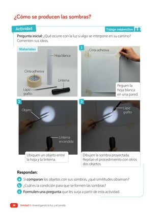 ¿Cómo se producen las sombras?
a Si comparan los objetos con sus sombras, ¿qué similitudes observan?
b ¿Cuál es la condición para que se formen las sombras?
c Formulen una pregunta que les surja a partir de esta actividad.
Respondan:
Pregunta inicial: ¿Qué ocurre con la luz si algo se interpone en su camino?
Comenten sus ideas.
Dibujen la sombra proyectada.
Repitan el procedimiento con otros
dos objetos.
Ubiquen un objeto entre
la hoja y la linterna.
Peguen la
hoja blanca
en una pared.
Actividad
Materiales
Hoja blanca
Cinta adhesiva
Linterna
Lápiz
grafito
Lápiz
grafito
Objeto
Linterna
encendida
Cinta adhesiva
Trabajo colaborativo
1
2 3
20 Unidad 1 • Investigando la luz y el sonido
 
