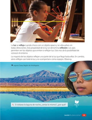 La luz se refleja cuando choca con un objeto opaco y se «devuelve» en
todas direcciones. Esta propiedad de la luz se denomina reflexión. Los ojos
permiten ver los objetos que emiten o reflejan luz. Esto nos da la posibilidad de
conocer el entorno.
La mayoría de los objetos reflejan una parte de la luz que llega hasta ellos. En cambio,
otros reflejan casi toda la luz y se «comportan» como espejos. Observa.
▼ Laguna Chaxa, Región de Antofagasta.
1. Si visitaras la laguna de noche, ¿verías lo mismo?, ¿por qué? Página
14
23
Lección 1 • ¿Qué es la luz?
 