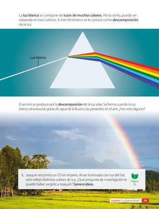 1. Joaquín encontró un CD en el patio. Al ser iluminado con luz del Sol,
este reflejó distintos colores de luz. ¿Qué pregunta de investigación le
puede haber surgido a Joaquín? Genera ideas.
La luz blanca se compone de luces de muchos colores. Por lo tanto, puede ser
separada en esos colores. A este fenómeno se le conoce como descomposición
de la luz.
El arcoíris se produce por la descomposición de la luz solar. Se forma cuando la luz
blanca atraviesa las gotas de agua de la lluvia o las presentes en el aire. ¿Has visto alguno?
Luz blanca
Página
15
Lección 1 • ¿Qué es la luz? 25
 