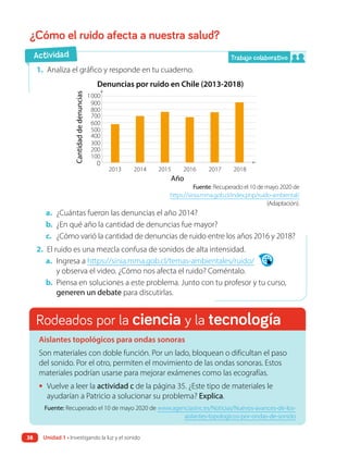 ¿Cómo el ruido afecta a nuestra salud?
1. Analiza el gráfico y responde en tu cuaderno.
Denuncias por ruido en Chile (2013-2018)
1000
900
800
700
600
500
400
300
200
100
0
2013
Cantidad
de
denuncias
2015
2014
Año
2016 2017 2018
a. ¿Cuántas fueron las denuncias el año 2014?
b. ¿En qué año la cantidad de denuncias fue mayor?
c. ¿Cómo varió la cantidad de denuncias de ruido entre los años 2016 y 2018?
2. El ruido es una mezcla confusa de sonidos de alta intensidad.
a. Ingresa a https://sinia.mma.gob.cl/temas-ambientales/ruido/
y observa el video. ¿Cómo nos afecta el ruido? Coméntalo.
b. Piensa en soluciones a este problema. Junto con tu profesor y tu curso,
generen un debate para discutirlas.
Actividad
Fuente: Recuperado el 10 de mayo 2020 de
https://sinia.mma.gob.cl/index.php/ruido-ambiental/
(Adaptación).
Rodeados por la ciencia y la tecnología
Aislantes topológicos para ondas sonoras
Son materiales con doble función. Por un lado, bloquean o dificultan el paso
del sonido. Por el otro, permiten el movimiento de las ondas sonoras. Estos
materiales podrían usarse para mejorar exámenes como las ecografías.
• Vuelve a leer la actividad c de la página 35. ¿Este tipo de materiales le
ayudarían a Patricio a solucionar su problema? Explica.
Fuente: Recuperado el 10 de mayo 2020 de www.agenciasinc.es/Noticias/Nuevos-avances-de-los-
aislantes-topologicos-por-ondas-de-sonido
Trabajo colaborativo
Unidad 1 • Investigando la luz y el sonido
38
 