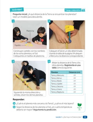 a ¿Cuál es el planeta más cercano a la Tierra?, ¿cuál es el más lejano?
b Según la distancia de los planetas al Sol, ¿en cuál la temperatura
debería ser mayor? Argumenta tu predicción.
Respondan:
Pregunta inicial: ¿A qué distancia de la Tierra se encuentran los planetas?
Usen un modelo para descubrirlo.
Coloquen el Sol en un sitio determinado.
Usando la tabla de la página 54 ubiquen
a Mercurio a la distancia correspondiente.
Construyan carteles con los nombres
de los ocho planetas y el Sol.
Colóquenlos en bolitas de plasticina.
Siguiendo la misma dirección y
sentido, sitúen los demás planetas.
Midan la distancia de laTierra a los
otros planetas. Regístrenla en una
tabla como la siguiente:
1
3
2
4
Actividad
Plasticina
Papeles
Trabajo colaborativo
Página
26
Planetas Distancia (cm)
Tierra y Mercurio XX
Tierra yVenus XX
Tierra y Marte XX
Tierra y Júpiter XX
Tierra y Saturno XX
Tierra y Urano XX
Tierra y Neptuno XX
Lección 1 • ¿Qué hay en el Sistema Solar? 55
 