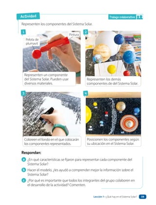a ¿En qué características se fijaron para representar cada componente del
Sistema Solar?
b Hacer el modelo, ¿les ayudó a comprender mejor la información sobre el
Sistema Solar?
c ¿Por qué es importante que todos los integrantes del grupo colaboren en
el desarrollo de la actividad? Comenten.
Respondan:
Representen los componentes del Sistema Solar.
Representen un componente
del Sistema Solar. Pueden usar
diversos materiales.
Coloreen el fondo en el que colocarán
los componentes representados.
Posicionen los componentes según
su ubicación en el Sistema Solar.
Representen los demás
componentes de del Sistema Solar.
Pelota de
plumavit
Pintura
Actividad
1
3
2
4
Trabajo colaborativo
59
Lección 1 • ¿Qué hay en el Sistema Solar?
 