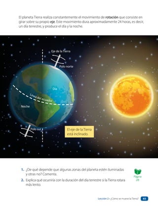 El planeta Tierra realiza constantemente el movimiento de rotación que consiste en
girar sobre su propio eje. Este movimiento dura aproximadamente 24 horas, es decir,
un día terrestre, y produce el día y la noche.
1. ¿De qué depende que algunas zonas del planeta estén iluminadas
y otras no? Comenta.
2. Explica qué ocurriría con la duración del día terrestre si la Tierra rotara
más lento.
Eje de la Tierra
Polo norte
Polo sur
Día
Noche
El eje de la Tierra
está inclinado.
Página
28
Línea del ecuador
Lección 2 • ¿Cómo se mueve la Tierra? 65
 