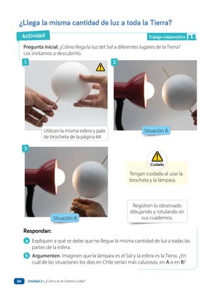 ¿Llega la misma cantidad de luz a toda la Tierra?
a Expliquen a qué se debe que no llegue la misma cantidad de luz a todas las
partes de la esfera.
b Argumenten. Imaginen que la lámpara es el Sol y la esfera es la Tierra. ¿En
cuál de las situaciones los días en Chile serían más calurosos, en A o en B?
Respondan:
Pregunta inicial: ¿Cómo llega la luz del Sol a diferentes lugares de la Tierra?
Los invitamos a descubrirlo.
Situación B
Situación A
Utilicen la misma esfera y palo
de brocheta de la página 64.
Registren lo observado
dibujando y rotulando en
sus cuadernos.
Tengan cuidado al usar la
brocheta y la lámpara.
Cuidado
Actividad
1
3
2
Trabajo colaborativo
Unidad 2 • ¿Cómo es el Sistema Solar?
66
 