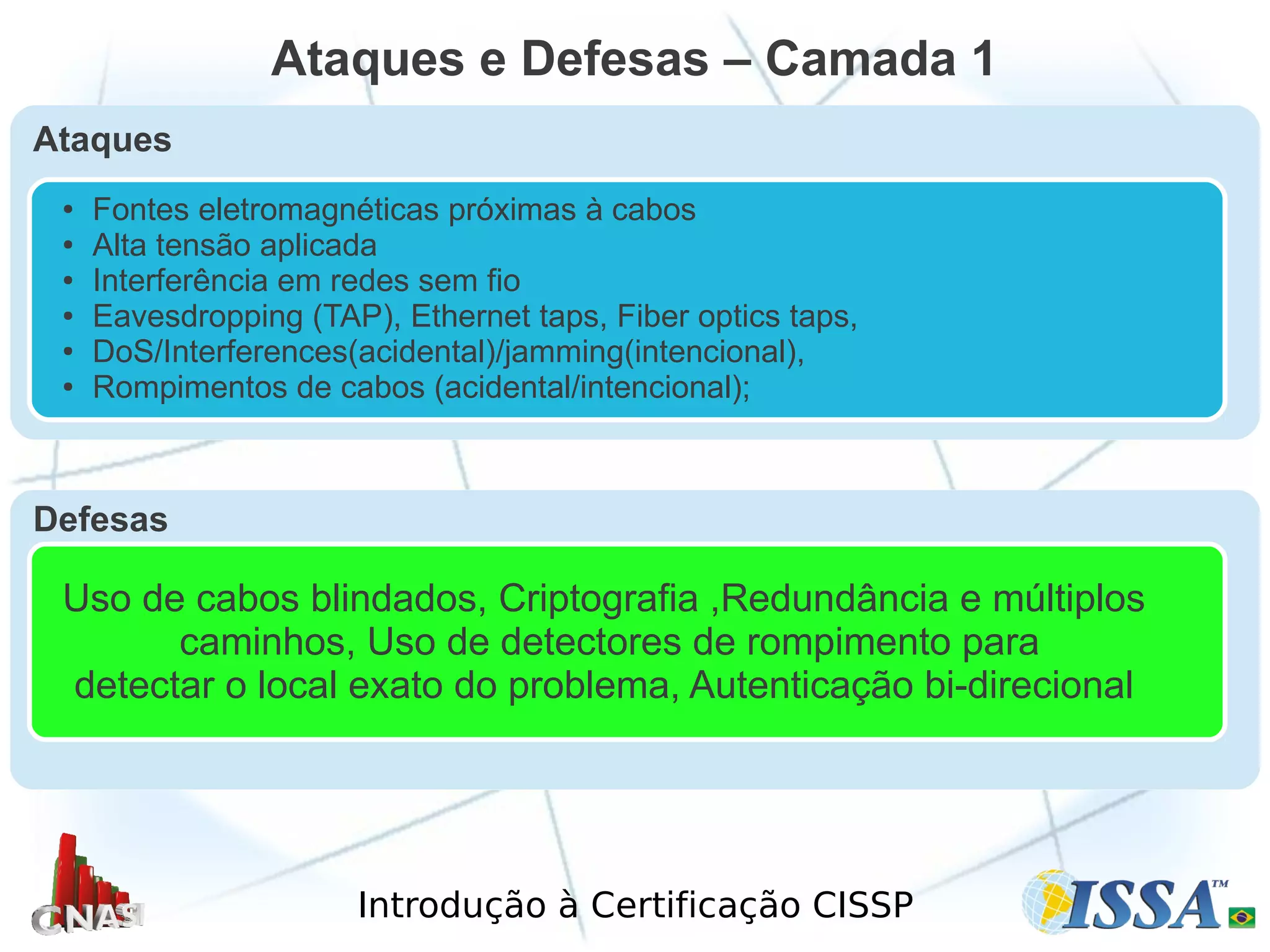 Introdução à Certificação CISSP
Ataques e Defesas – Camada 1
Ataques
● Fontes eletromagnéticas próximas à cabos
● Alta tensão aplicada
● Interferência em redes sem fio
● Eavesdropping (TAP), Ethernet taps, Fiber optics taps,
● DoS/Interferences(acidental)/jamming(intencional),
● Rompimentos de cabos (acidental/intencional);
Defesas
Uso de cabos blindados, Criptografia ,Redundância e múltiplos
caminhos, Uso de detectores de rompimento para
detectar o local exato do problema, Autenticação bi-direcional
 