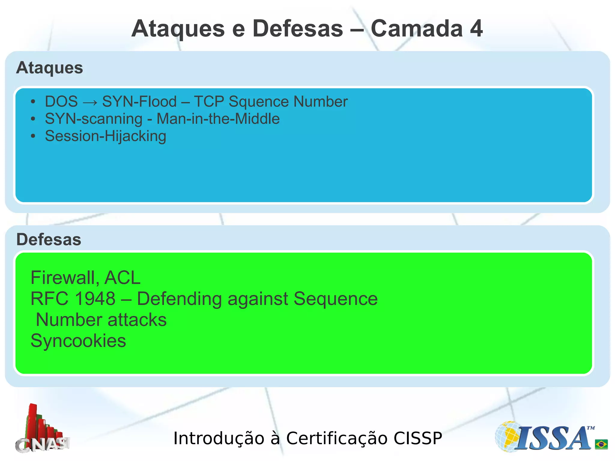 Introdução à Certificação CISSP
Ataques e Defesas – Camada 4
Ataques
● DOS → SYN-Flood – TCP Squence Number
● SYN-scanning - Man-in-the-Middle
● Session-Hijacking
Defesas
Firewall, ACL
RFC 1948 – Defending against Sequence
Number attacks
Syncookies
 