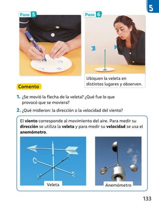 El viento corresponde al movimiento del aire. Para medir su
dirección se utiliza la veleta y para medir su velocidad se usa el
anemómetro.
Comento
1. ¿Se movió la flecha de la veleta? ¿Qué fue lo que
provocó que se moviera?
2. ¿Qué midieron: la dirección o la velocidad del viento?
Paso 5 Paso 6
Veleta Anemómetro
Ubiquen la veleta en
distintos lugares y observen.
133
 