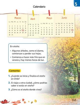 Comento
1. ¿Cuándo se inicia y finaliza el otoño
en Chile?
2. Si viajas a otra ciudad, ¿cómo podrías
saber si estás en otoño?
3. ¿Cómo es el otoño donde vives?
En otoño:
• Algunos árboles, como el álamo,
comienzan a perder sus hojas.
• Comienza a hacer más frío que en
verano y hay menos horas de luz.
Abril
Lu Ma Mi Ju Vi Sa Do
1 2 3 4 5
6 7 8 9 10 11 12
13 14 15 16 17 18 19
20 21 22 23 24 25 26
27 28 29 30
Mayo
Lu Ma Mi Ju Vi Sa Do
1 2 3
4 5 6 7 8 9 10
11 12 13 14 15 16 17
18 19 20 21 22 23 24
25 26 27 28 29 30 31
Marzo
Lu Ma Mi Ju Vi Sa Do
1
2 3 4 5 6 7 8
9 10 11 12 13 14 15
16 17 18 19 20 21 22
23 24 25 26 27 28 29
30 31
Junio
Lu Ma Mi Ju Vi Sa Do
1 2 3 4 5 6 7
8 9 10 11 12 13 14
15 16 17 18 19 20 21
22 23 24 25 26 27 28
29 30
Calendario
141
 