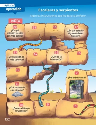 aprendido
Aplico lo
Escaleras y serpientes
Sigan las instrucciones que les dará su profesor.
19 18 17
16
15
14
13
12
11
10 9
8
7
¿Qué es el tiempo
atmosférico?
¿Qué estación es
la más calurosa?
¿Qué representa
este símbolo?
¿Qué es la
hibernación?
¿En qué estación
algunos árboles
florecen?
¿Para qué se usa?
META
20
¿En qué
estación los días
son más cortos?
152
 